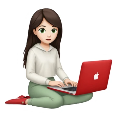 Long dark brown haired, white skinned, dark green eyed girl in white clothes girl sitting in macbook with a red case and watching to macbook sticker