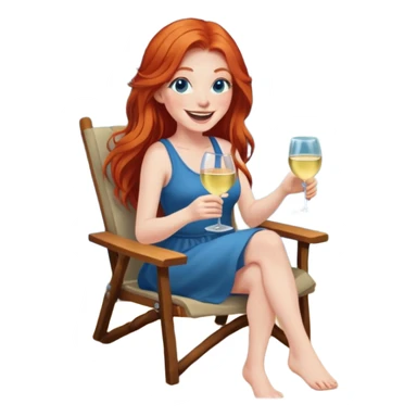 Laughing redhead long hair and blue eyes holding white wine sitting in chair beside campfire sticker