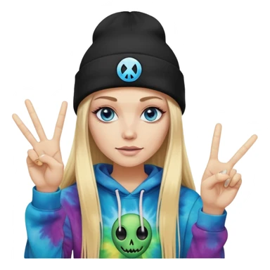 White woman with long blonde straight hair and blue eyes with long eyelashes and tiedye hoodie. i would like for her to be doing a peace sign with one hand and be wearing a black beanie with an alien face on it sticker
