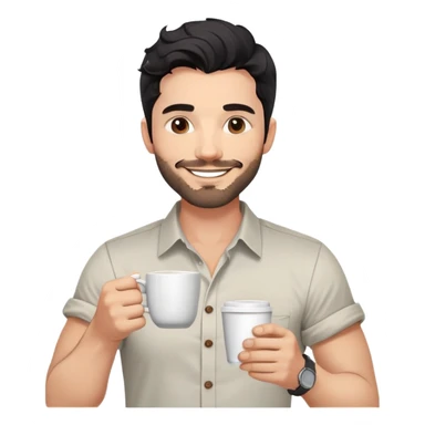 Casual portrait of a 35-year-old man with black wavy hair, stubble, strong jawline, white skin tone, wearing casual button-up shirt with rolled sleeves, holding coffee cup, friendly approachable smile, relaxed confident pose for social media sticker