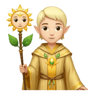 {
      "type": "human",
      "look": "light elf healer, golden robe, staff with leaf and sun motif",
      "description": "a light elf healer wearing a golden robe and holding a staff with leaf and sun symbols"
    } sticker