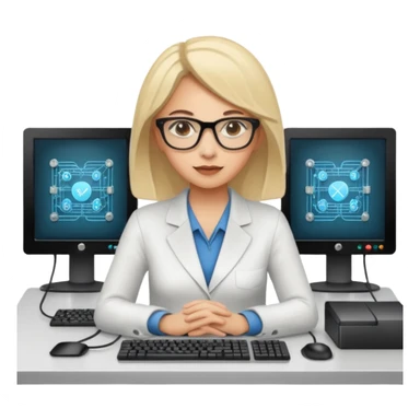 a woman developer in a meeting on a table, with others developers, in the background a mainframe computer sticker