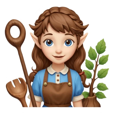 Kind happy whimsical quirky Girl toymaker, wood carving elf. Woodland creator. Blue eyes. brown hair (just below chin length) wavy hair & bangs. Whimsical playful cute sticker
