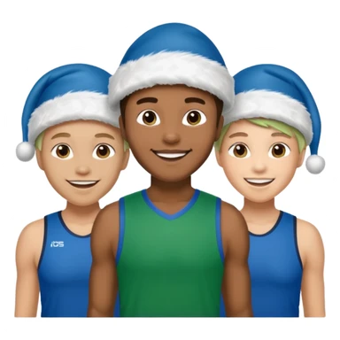 crie a imagem de 3 atletas de modalidades diferentes, usando um chapeu de papai noel das cores verde e azul. sticker