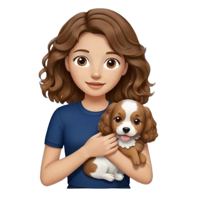 brown haired girl with braces, wavy hair, slightly tan, wearing a navy blue sando or fitted top, holding a dog. sticker