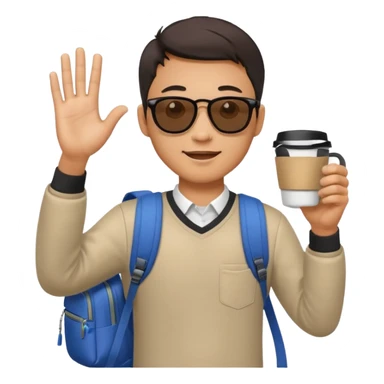 An asian man wearing sunglasses and carrying a backpack, holding a cup of coffee and waving his hand (in greeting) sticker