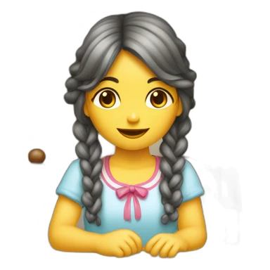 Niña cabellos largos ondulados morocha con las manos en el mentón y codos apoyados en una mesa con cara de pensativa  sticker