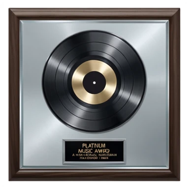 A platinum music award plaque: a square, polished platinum plate with a subtly textured, mirror-like finish, mounted on a simple dark wood base. The center features a relief of a or stylized vinyl record in a slightly darker metallic tone.  sticker