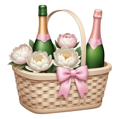 White Picnic basket with light pink bow and white peonies and a pink champage bottle inside sticker