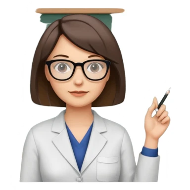 40 year old female with a bob, work as a professor, in the middle of a workshop, in front of a white board with figures and diagrams sticker