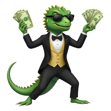 capitalist iguana banker in tuxedo and black sunglasses dancing crazy with money sticker