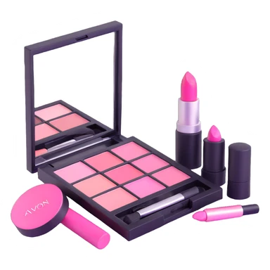 Pink AVON makeup set with pink lipstick, pink blush, and pink eyeshadow palette sticker