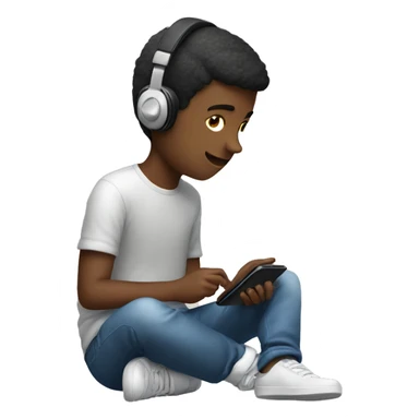 A boy playing game in mobile phone with plug headphones on ear sticker