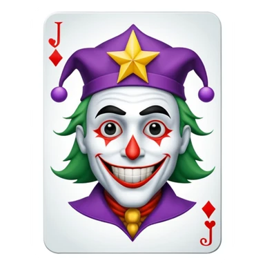 1 poker card, squared, with crazy colorful human jolly joker inside, star symbol with a "J" sticker