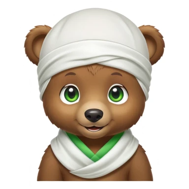 Playful brown bear cub in a white silk durag with a slight smile and bright green eyes, iOS emoji style sticker