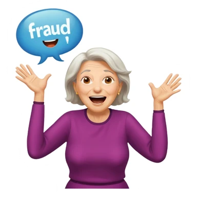 Older Woman jumping screaming and word “fraud” in a bubble sticker