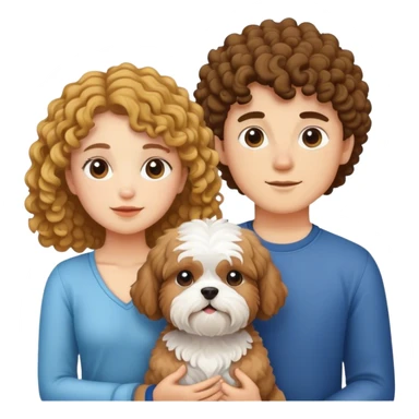 una pareja joven con un perro shitzu. La chica con pelo rizado, el chico piel blanca y sin barba sticker