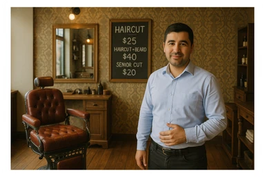 Draw me a picture of a barbershop that looks like this guy working in a barbershop. The barbershop doesn't have to be very modern. It should be on a medium floor. Also draw a blackboard on the wall. It should have the prices for haircuts there. sticker
