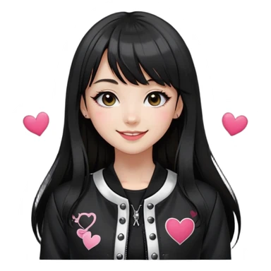 Mujer caucasian, cara redonda, flequillo recto, pelo oscuro lacio con ondas, largo hasta el pecho. Maquillaje marcado con delineado y corazones bajo los ojos. Sonrisa amplia, expresión coqueta-alegre. Estilo japonés, chaqueta varsity negra con blanco, top negro, accesorios góticos/kawaii sticker