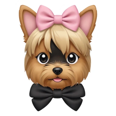 a Yorkshire Terrier face with a ponytail on head tied with a bow. Cute expression, flat design, pastel colors sticker