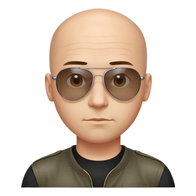 Oval-faced man with large forehead, aviator sunglasses with metal frame, extremely short dark hair with completely bald sides (skin fade), light tan skin, friendly neutral expression, black shirt sticker