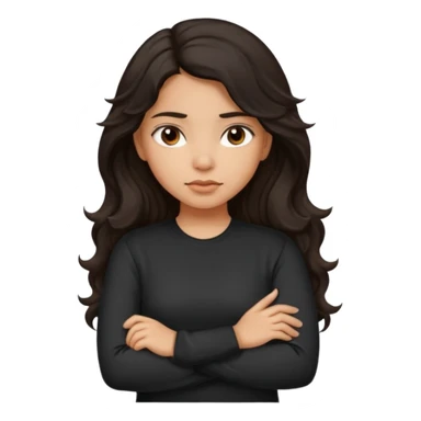 Hispanic girl dark long wavy hair crossing her arms with slight pout wearing a black long sleeve shirt sticker