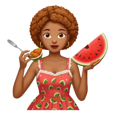 A black woman eating fried chicken and watermelon sticker