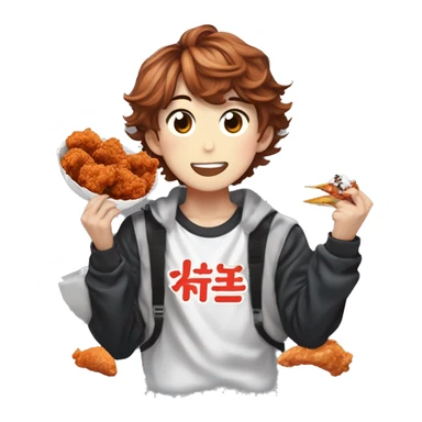 kpop singer (felix of stray kids) who has brunette hair(almost shoulder length) with freckles is eating korean fried chicken (양념치킨)  sticker