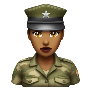 a female drill sergeant character wearing a classic sergeant hat and a camouflage army shirt. The character should have an angry intense expression. full torso sticker