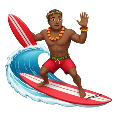 Dark Muscular 50 year old Hawaiian man with red shorts and a shell lei surfing a big wave sticker