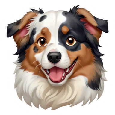 Cinematic Cute Yawning Calico Australian Shepherd Portrait Emoji, Head tilted slightly with a dramatic, wide-open yawn, predominantly white coat with vibrant black, tan, and red calico merle patches, floppy ears slightly drooping, round blue eyes barely open in drowsy contentment, Simplified yet irresistibly adorable features, highly detailed, glowing with a soft, cozy glow, high shine, relaxed yet expressive, stylized with a touch of whimsy, bright and endearing, soft glowing outline, capturing the essence of a sleepy yet affectionate pup, so drowsy it feels like it could stretch right out of the screen and curl up for a nap! sticker