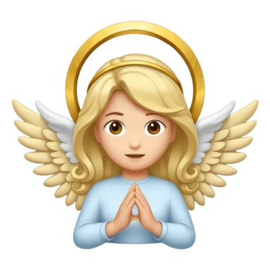 "Um emoji de anjo com cabelos loiros, um halo, asas, segurando um sinal de 'compartilhar' em letras em negrito." sticker