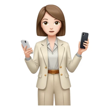 pale skin woman with brown Straightened bob Hair, White Spacious classical jacket, beige palazzo Arrow pants and gray blouse holding white IPhone 14 pro in the hands sticker
