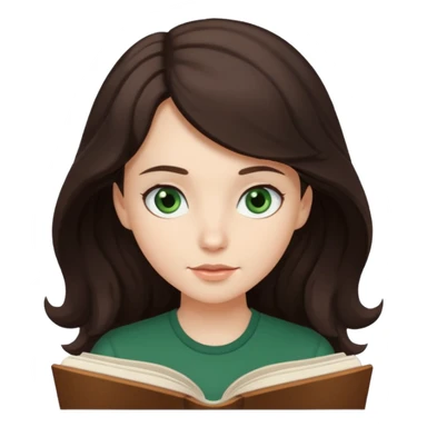 Long wavy dark brown haired, white skinned, dark green eyed girl reading a book sticker