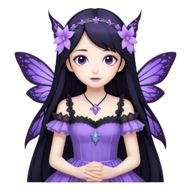 Gothic anime fairy with long beautiful black hair and violet dress, pastelcore, sticker