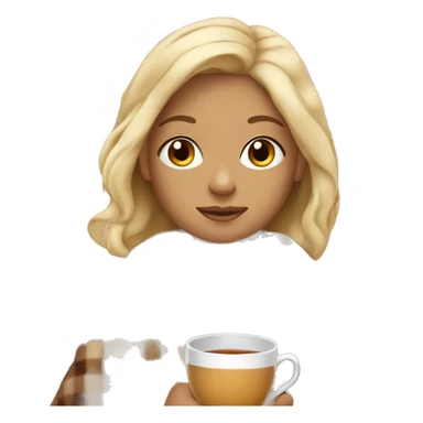 Blonde girl with tan skin wearing a blanket with a cup of tea sticker