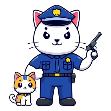 a police officer standing next to a mischievous cat holding a toy gun sticker
