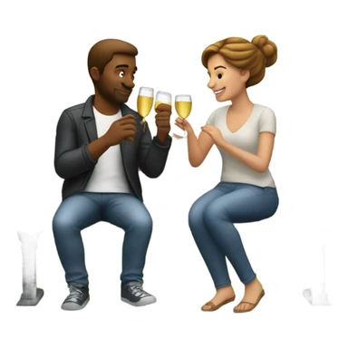 couple of white people with brown hair, sitting closely on a park bench, enjoying a romantic moment. One person is holding a croissant, and the other is holding a glass of Prosecco.  sticker