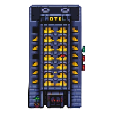 skyscraper hotel with lit windows and entrance sticker