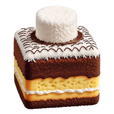 Lamington Cinematic Realistic Lamington Dessert Emoji, depicted as a sponge cake square coated in chocolate and dusted with coconut on all sides, rendered with lifelike textures and vibrant, tropical lighting. sticker