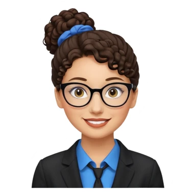 a woman, 30 years old, light skin with dark brown curly hair in a bun with some face framinig pieces. eyeglasses. Black suite on. blue eyes. sticker