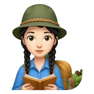 A braid black hair backpacking woman checking her map with curious eyes while wandering in the woods with camping hat sticker