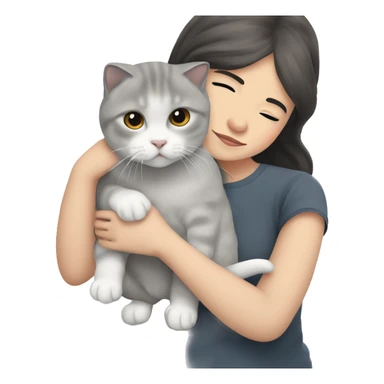 A grey Scottish fold-eared cat in the arms of a girl with white skin and dark hair sticker