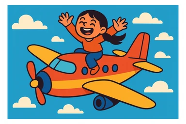 a girl joyfully riding on top of a flying airplane, whimsical and fun, blue sky sticker