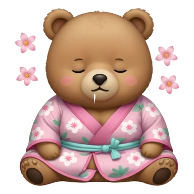 A cute chubby light-brown bear wearing a pastel pink sakura-patterned kimono, tiny body and big round head, adorable simple face, sleepy half-closed eyes, small blush on cheeks, sitting while dozing off, tiny “zzz” floating above the head sticker