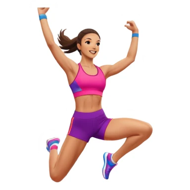 Professional aerobics performer mid-jump with arms extended, showcasing energy, flexibility, and coordination. The background features a vibrant gym setting with fitness equipment and bright colors, capturing the dynamic motion of aerobics. sticker