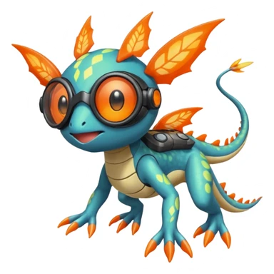 Bluish Splash-patterned emotional sparky sparky boom boom painful Meloetta-Guilmom-Salandit-Flygon-Pokémon-Fakémon-fusion-hybrid-creature with orange goggles on eyes sticker