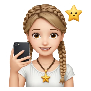 a girl wearing cute white top with a braid outing in the camera as a selfie and a star necklace in the neck  sticker