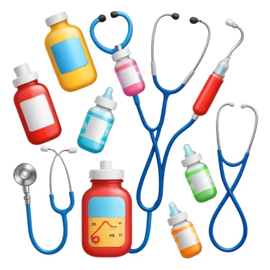 stethescope, heel lancet, medication, baby blood tubes, monitoring cables, baby bottle, cute scrapbooking paper,  sticker