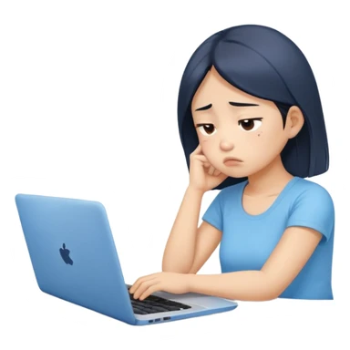Create an emoji of a tired girl of Asian descent in a baby blue top, sitting at a laptop, looking exhausted and frustrated. They have slouched posture, representing overwork and burnout. sticker